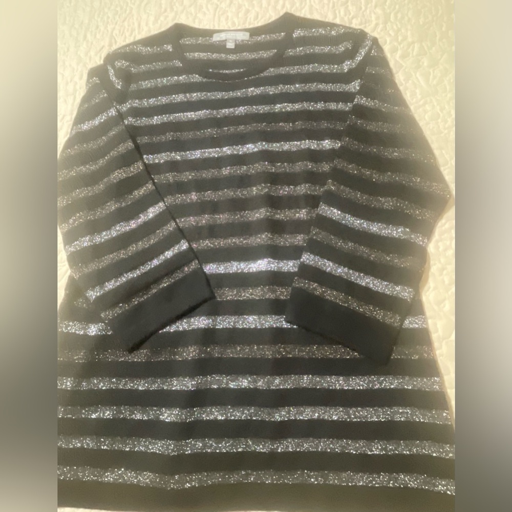 Neiman Marcus Cashmere Blend Black Silver Metallic Striped Sweater Top Size XL